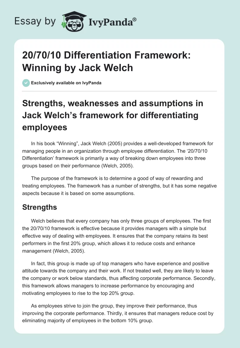 20/70/10 Differentiation Framework: "Winning" by Jack Welch. Page 1