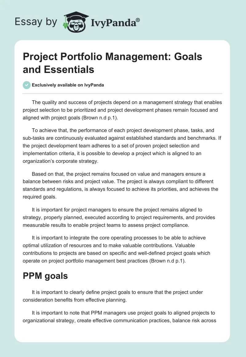 Project Portfolio Management: Goals and Essentials. Page 1
