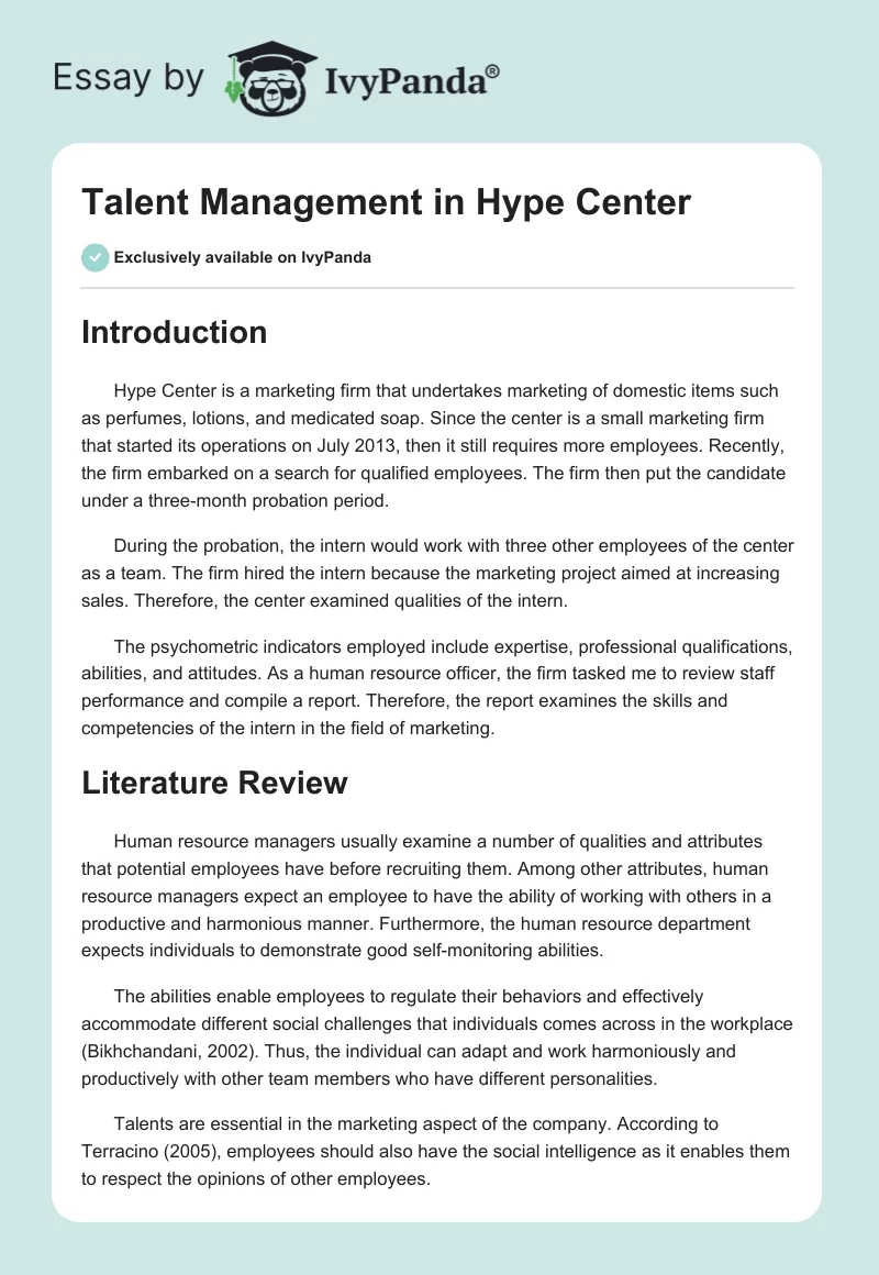 Talent Management in Hype Center. Page 1
