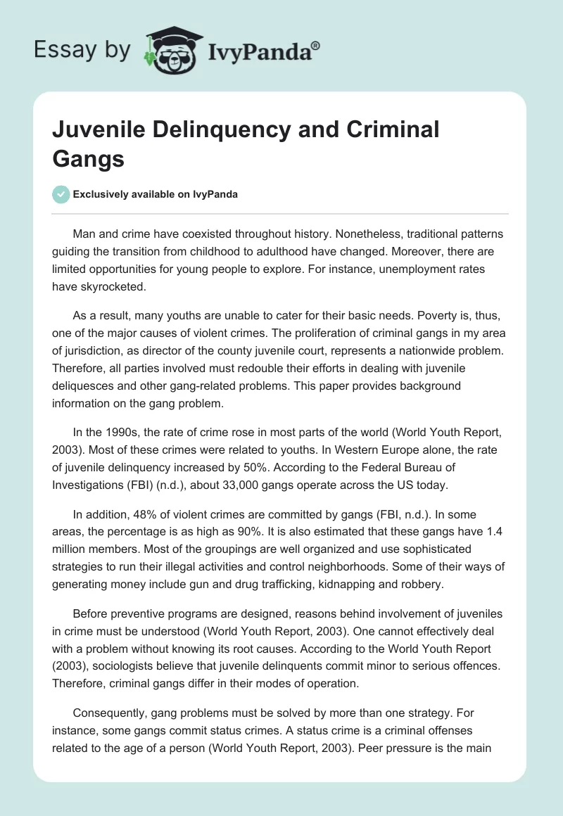 Juvenile Delinquency and Criminal Gangs. Page 1