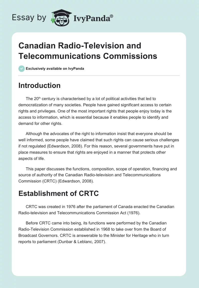Canadian Radio-Television and Telecommunications Commissions. Page 1
