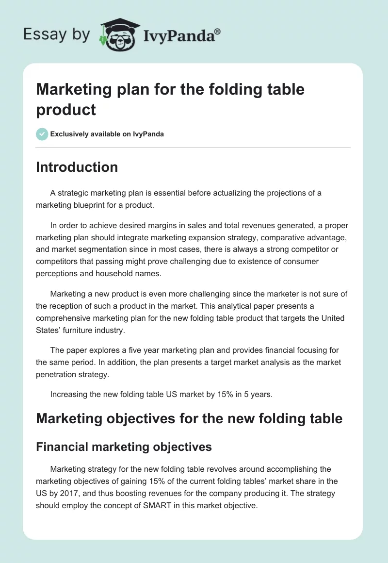 Marketing plan for the folding table product. Page 1