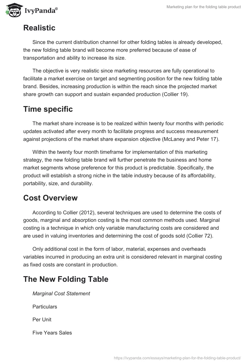 Marketing plan for the folding table product. Page 3