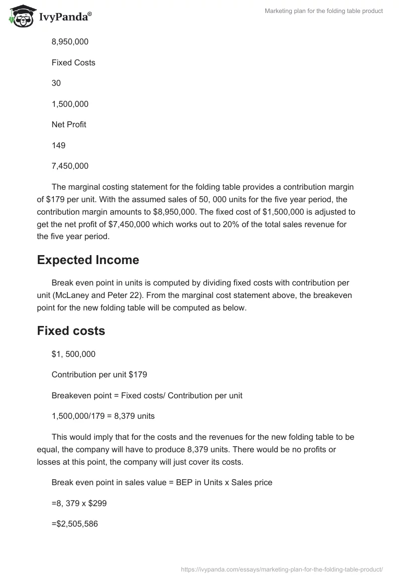 Marketing plan for the folding table product. Page 5