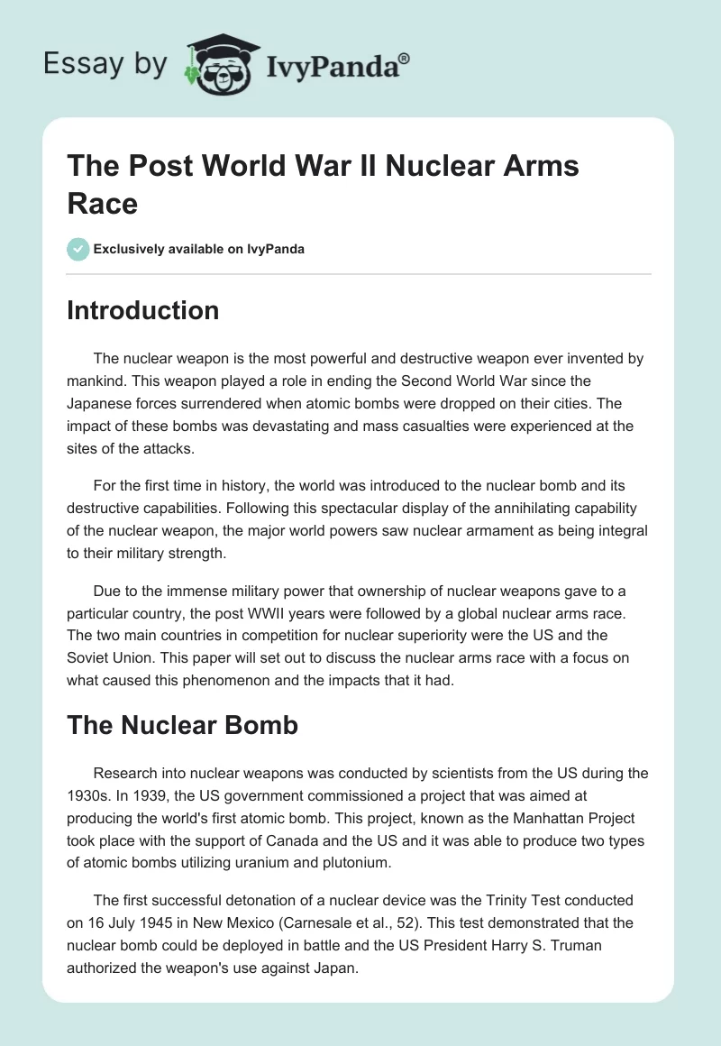 The Post World War II Nuclear Arms Race. Page 1