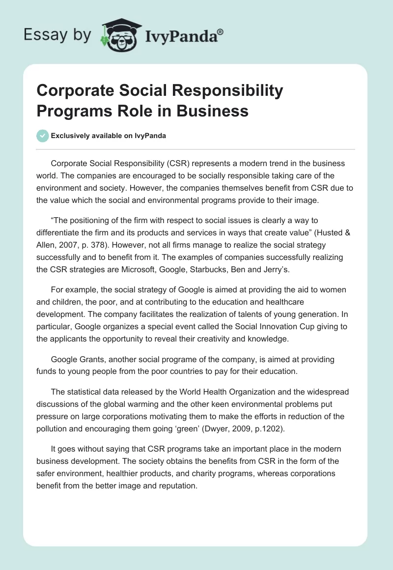 Corporate Social Responsibility Programs Role in Business. Page 1