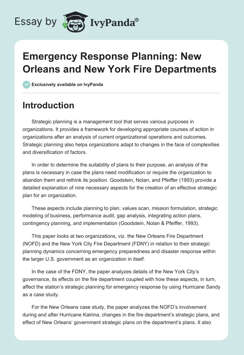 Emergency Response Planning: New Orleans and New York Fire Departments. Page 1