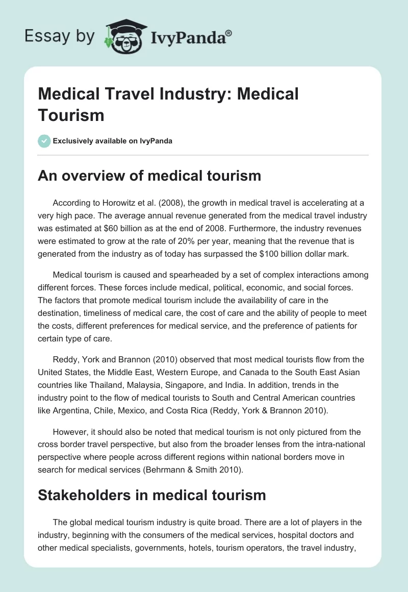 Medical Travel Industry: Medical Tourism. Page 1