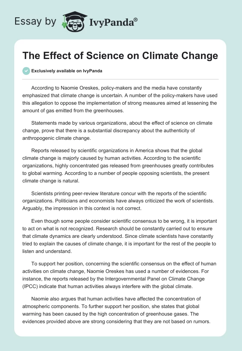The Effect of Science on Climate Change. Page 1