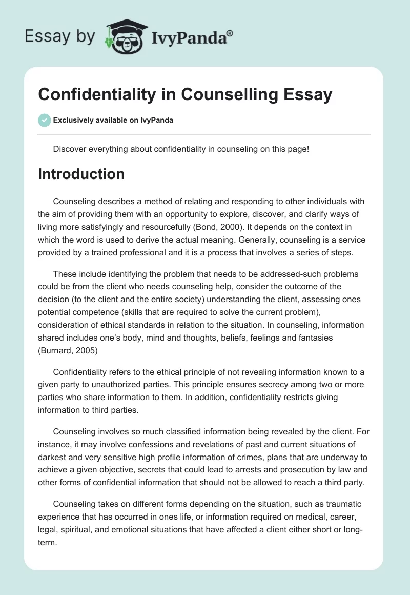 Confidentiality in Counselling Essay. Page 1