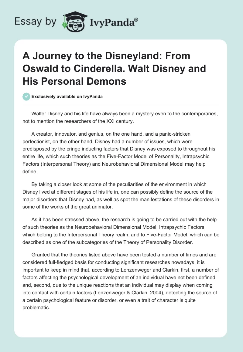 A Journey to the Disneyland: From Oswald to Cinderella. Walt Disney and His Personal Demons. Page 1
