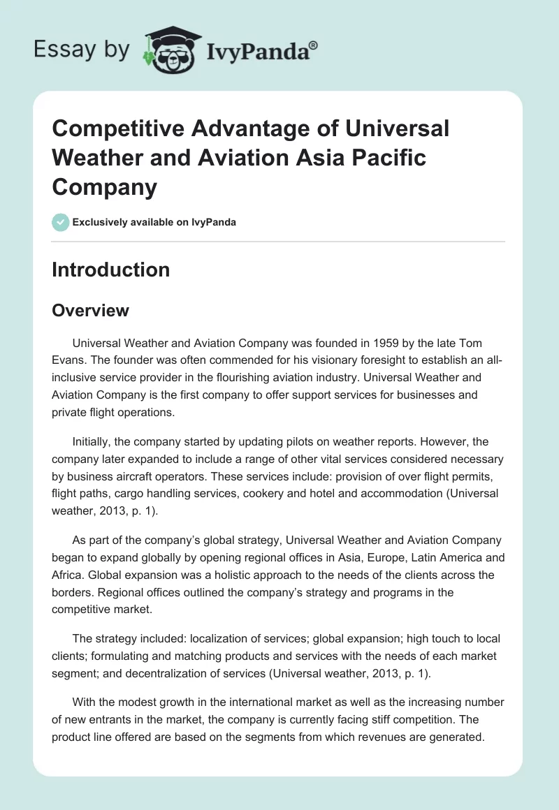 Competitive Advantage of Universal Weather and Aviation Asia Pacific Company. Page 1
