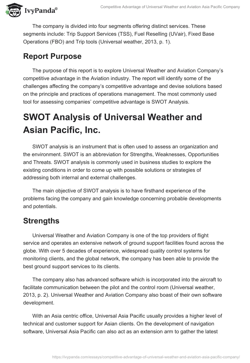 Competitive Advantage of Universal Weather and Aviation Asia Pacific Company. Page 2