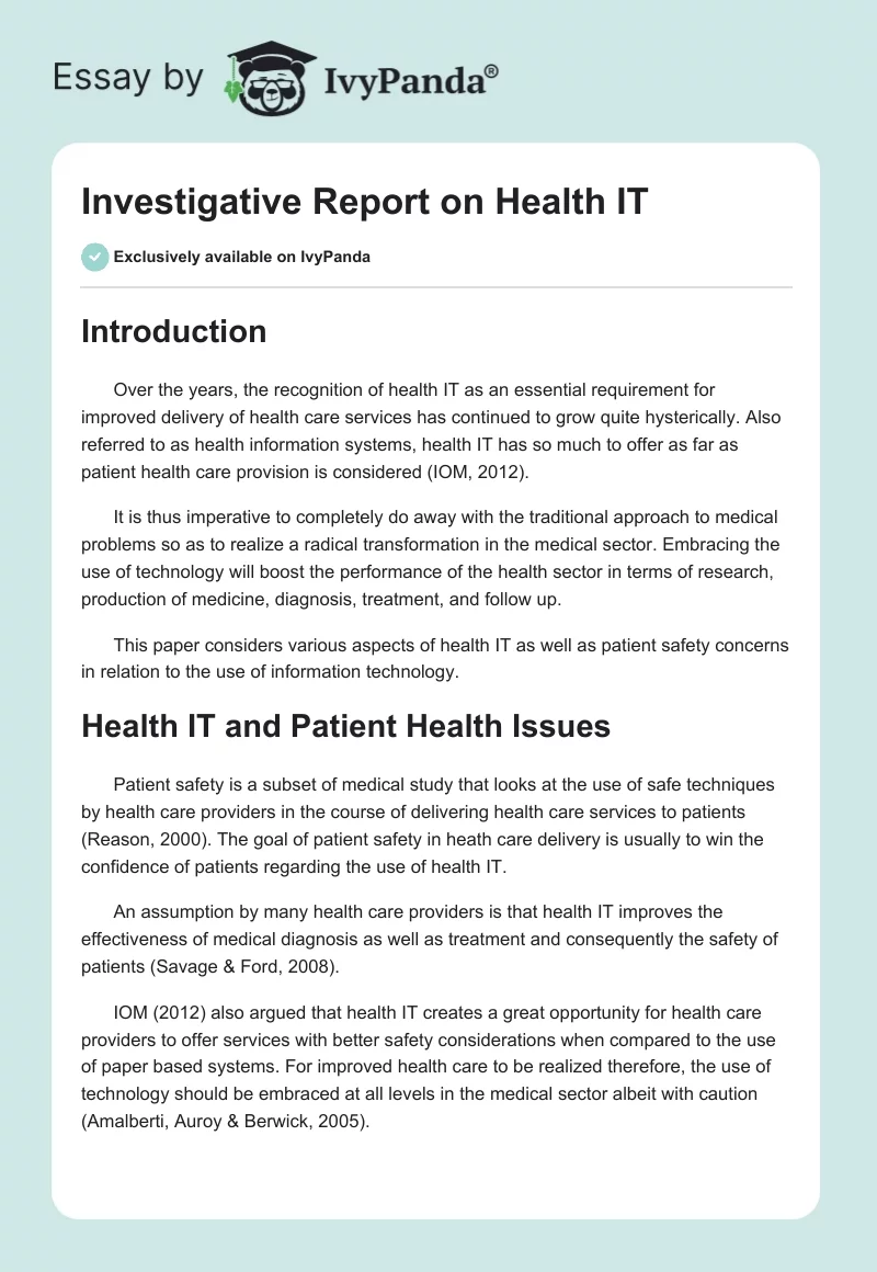 Investigative Report on Health IT. Page 1