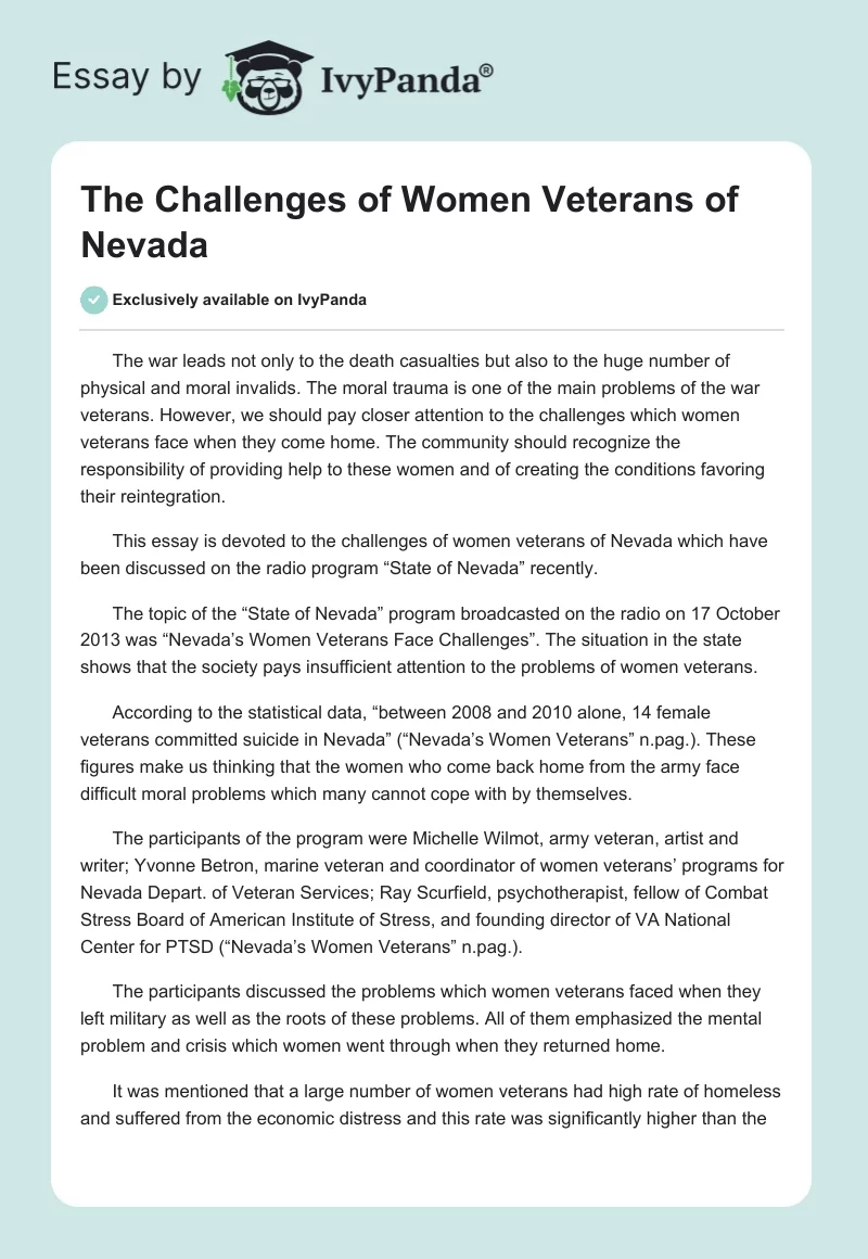 The Challenges of Women Veterans of Nevada. Page 1