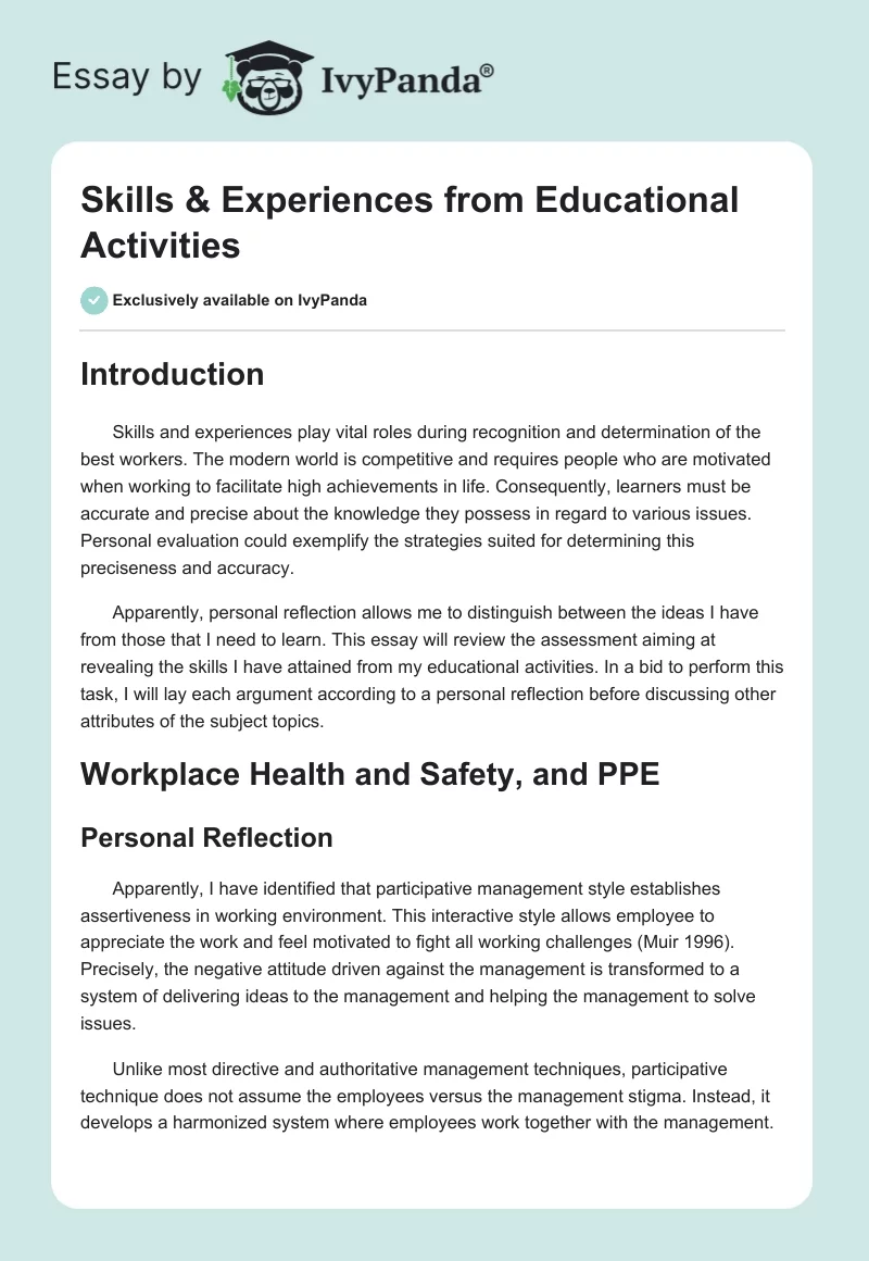 Skills & Experiences from Educational Activities. Page 1