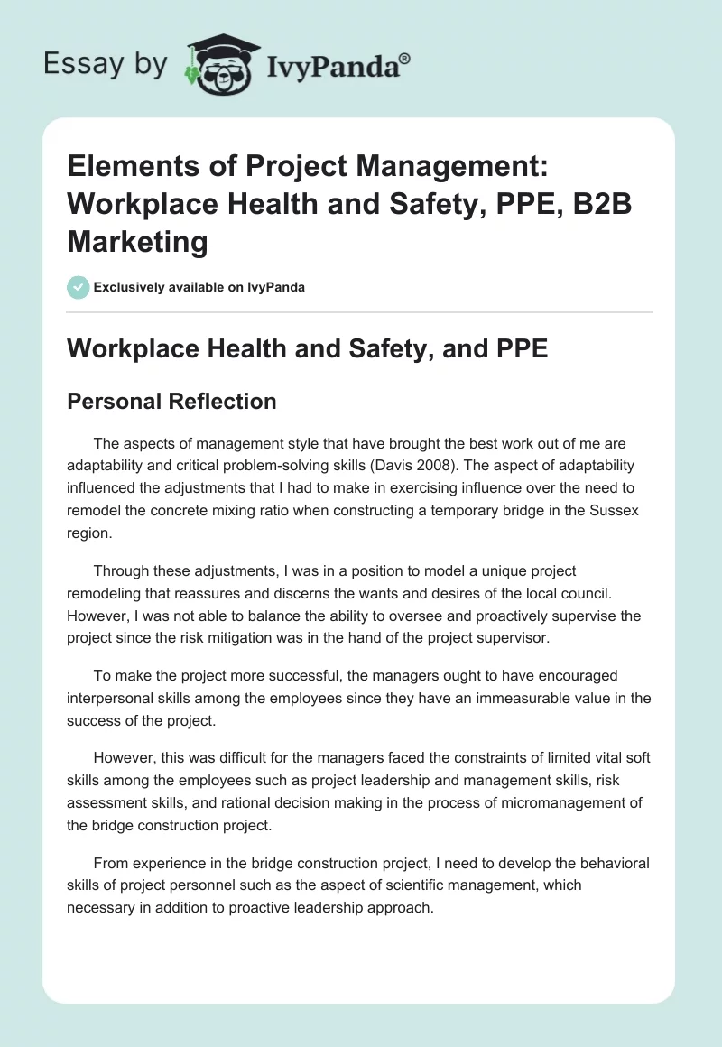 Elements of Project Management: Workplace Health and Safety, PPE, B2B Marketing. Page 1
