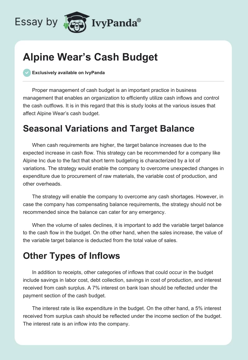 Alpine Wear’s Cash Budget. Page 1