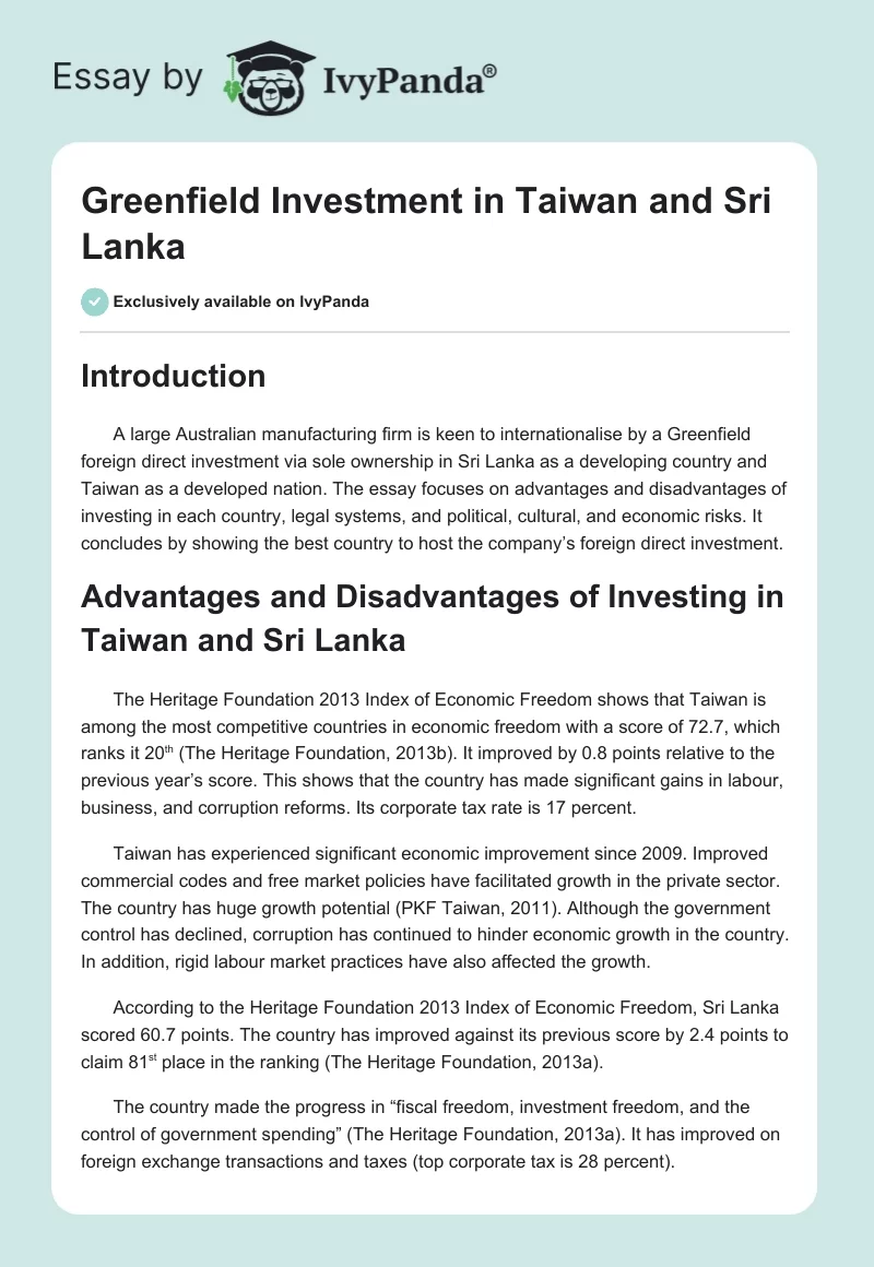 Greenfield Investment in Taiwan and Sri Lanka. Page 1