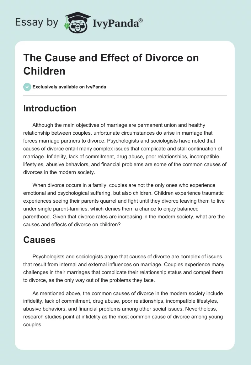 The Cause and Effect of Divorce on Children. Page 1