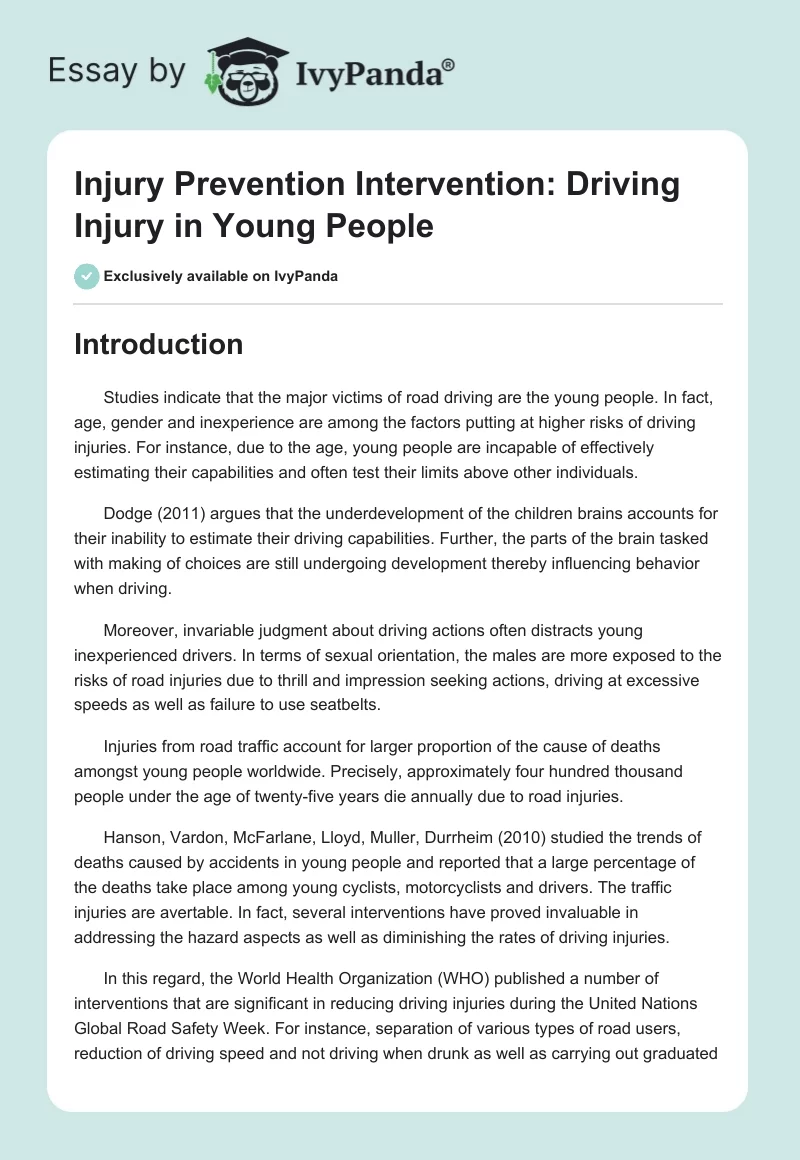 Injury Prevention Intervention: Driving Injury in Young People. Page 1