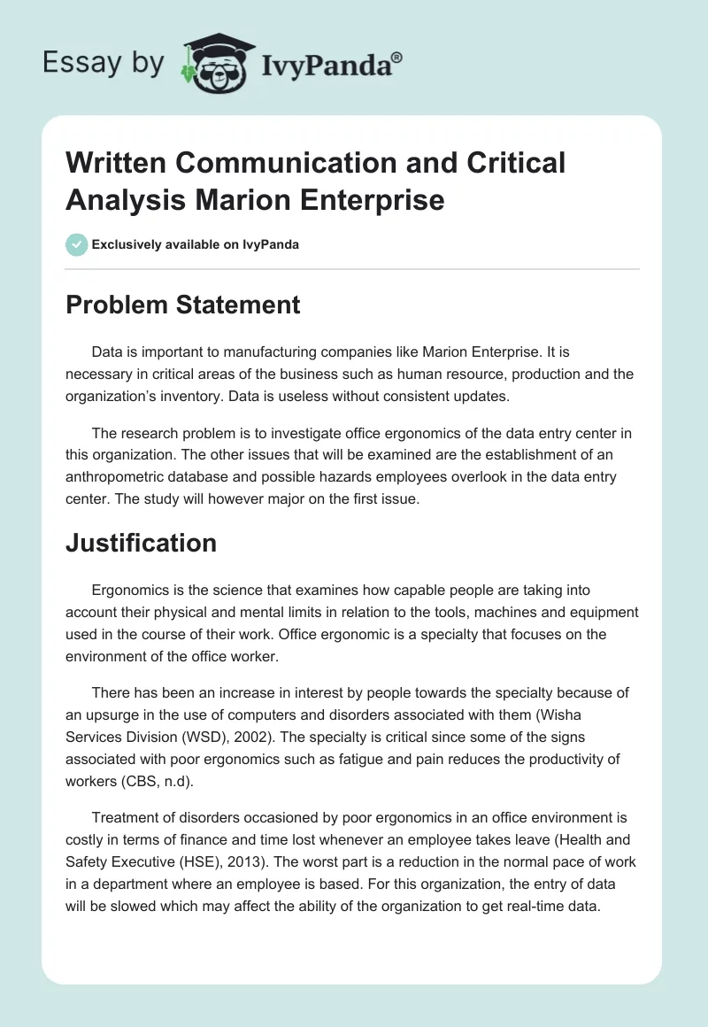 Written Communication and Critical Analysis Marion Enterprise. Page 1