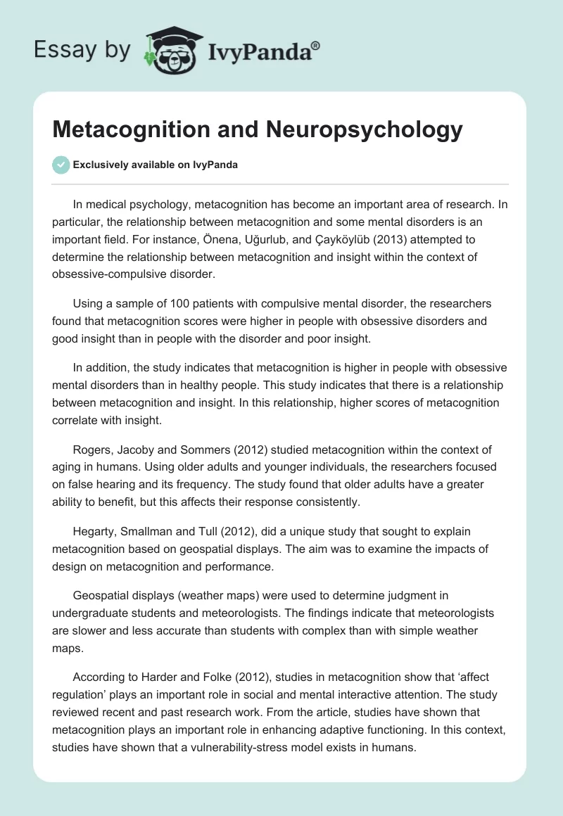 Metacognition and Neuropsychology. Page 1