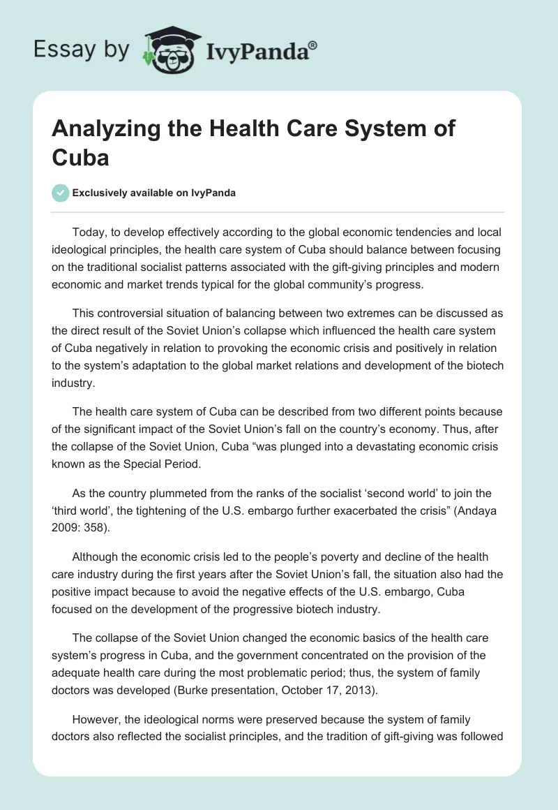 Analyzing the Health Care System of Cuba. Page 1