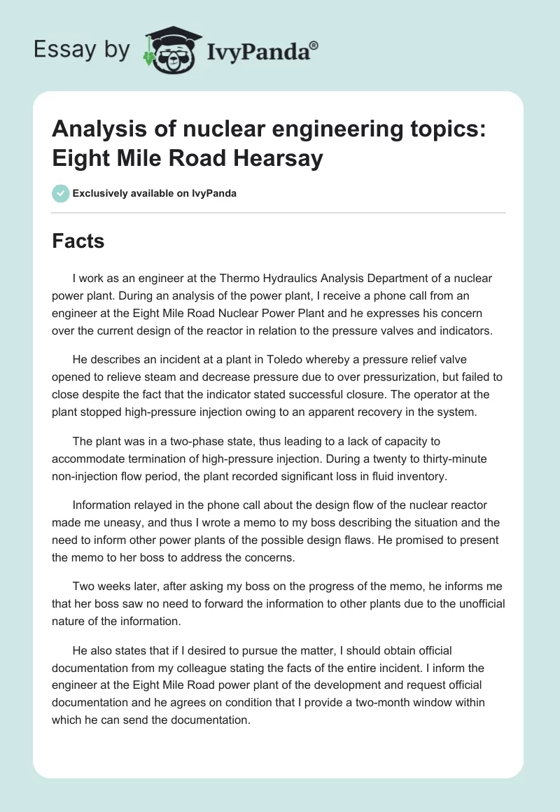 Analysis of nuclear engineering topics: Eight Mile Road Hearsay. Page 1