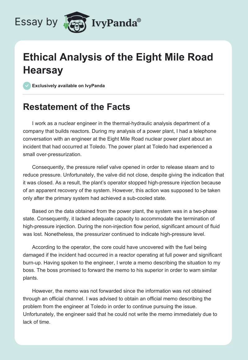 Ethical Analysis of the Eight Mile Road Hearsay. Page 1