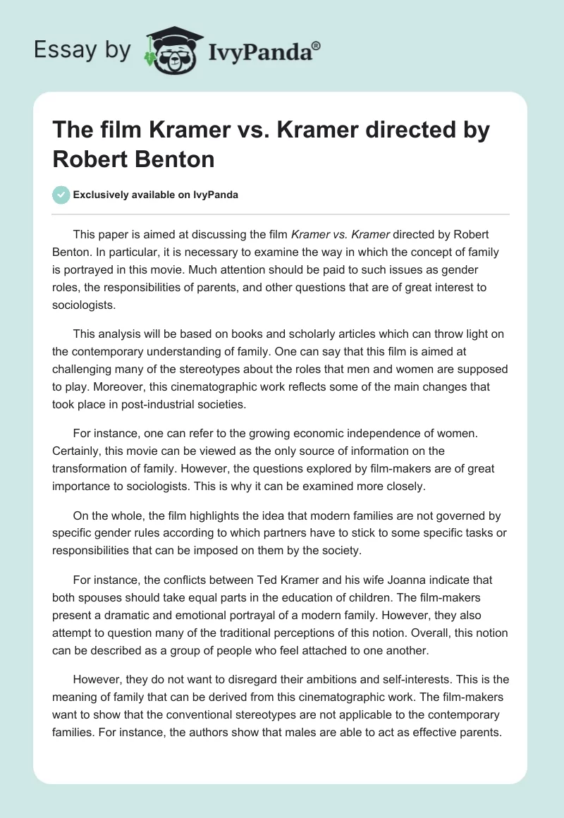 The Film Kramer vs. Kramer Directed by Robert Benton. Page 1