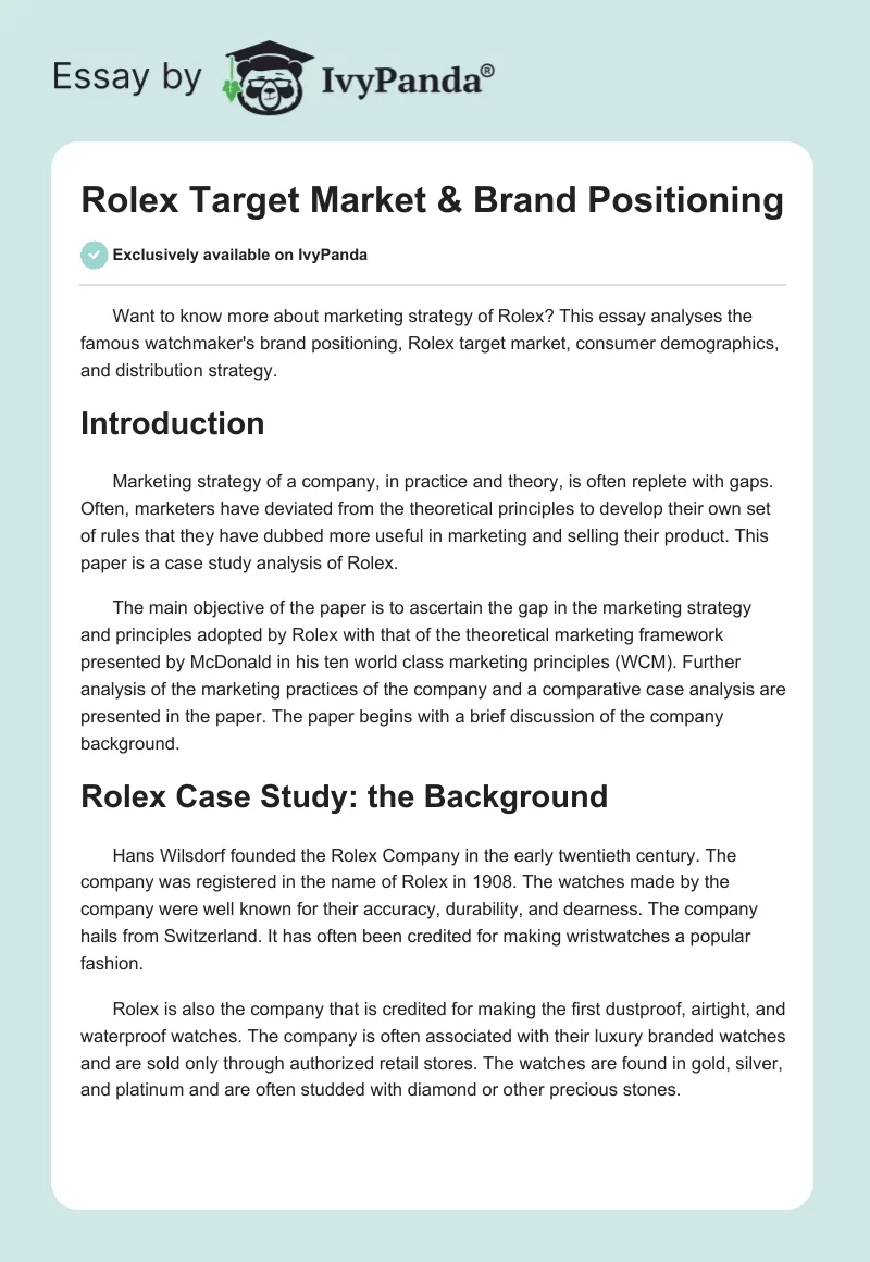 Rolex Target Market & Brand Positioning. Page 1