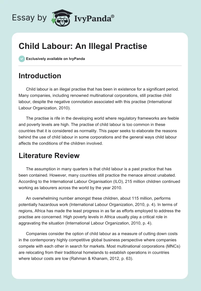 Child Labour: An Illegal Practise. Page 1