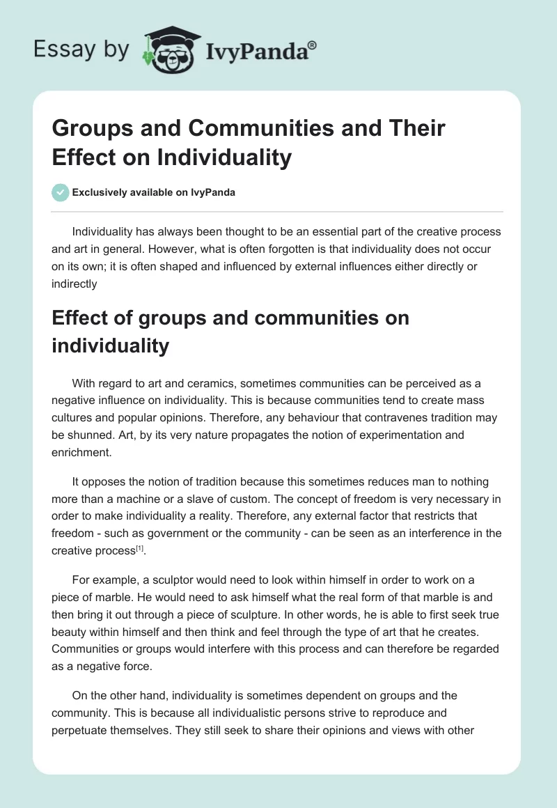 Groups and Communities and Their Effect on Individuality. Page 1