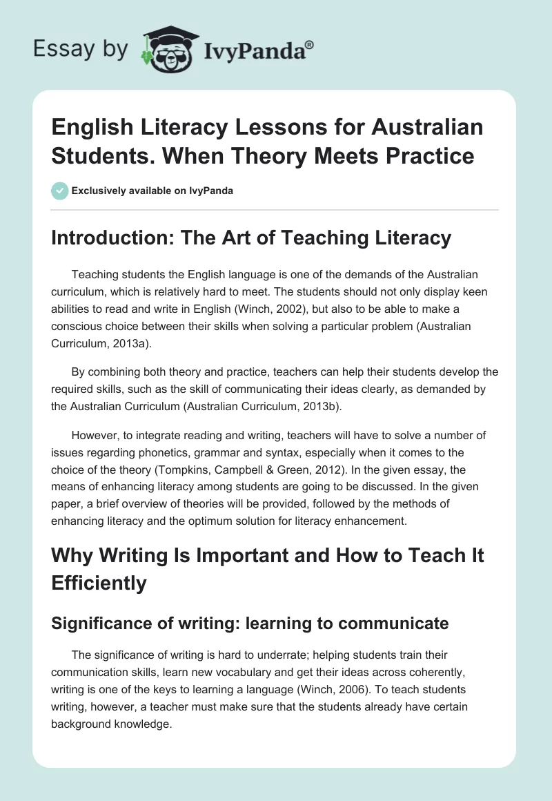 English Literacy Lessons for Australian Students. When Theory Meets Practice. Page 1
