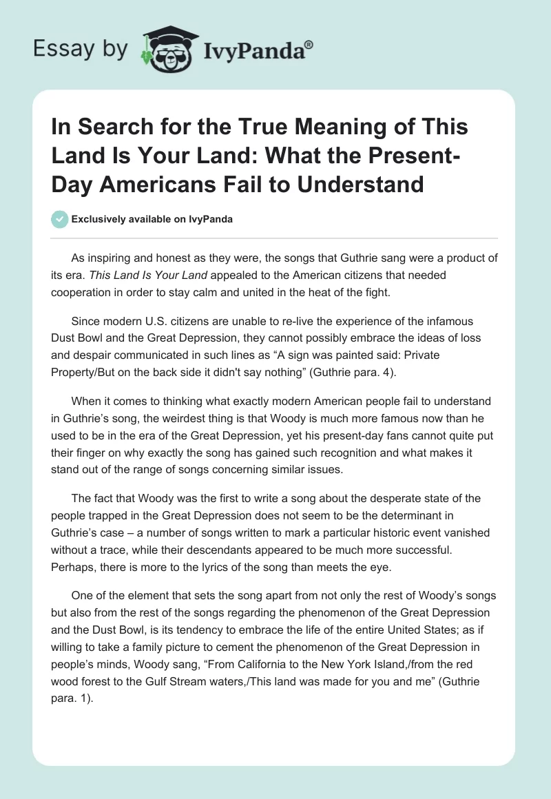 In Search for the True Meaning of This Land Is Your Land: What the Present-Day Americans Fail to Understand. Page 1