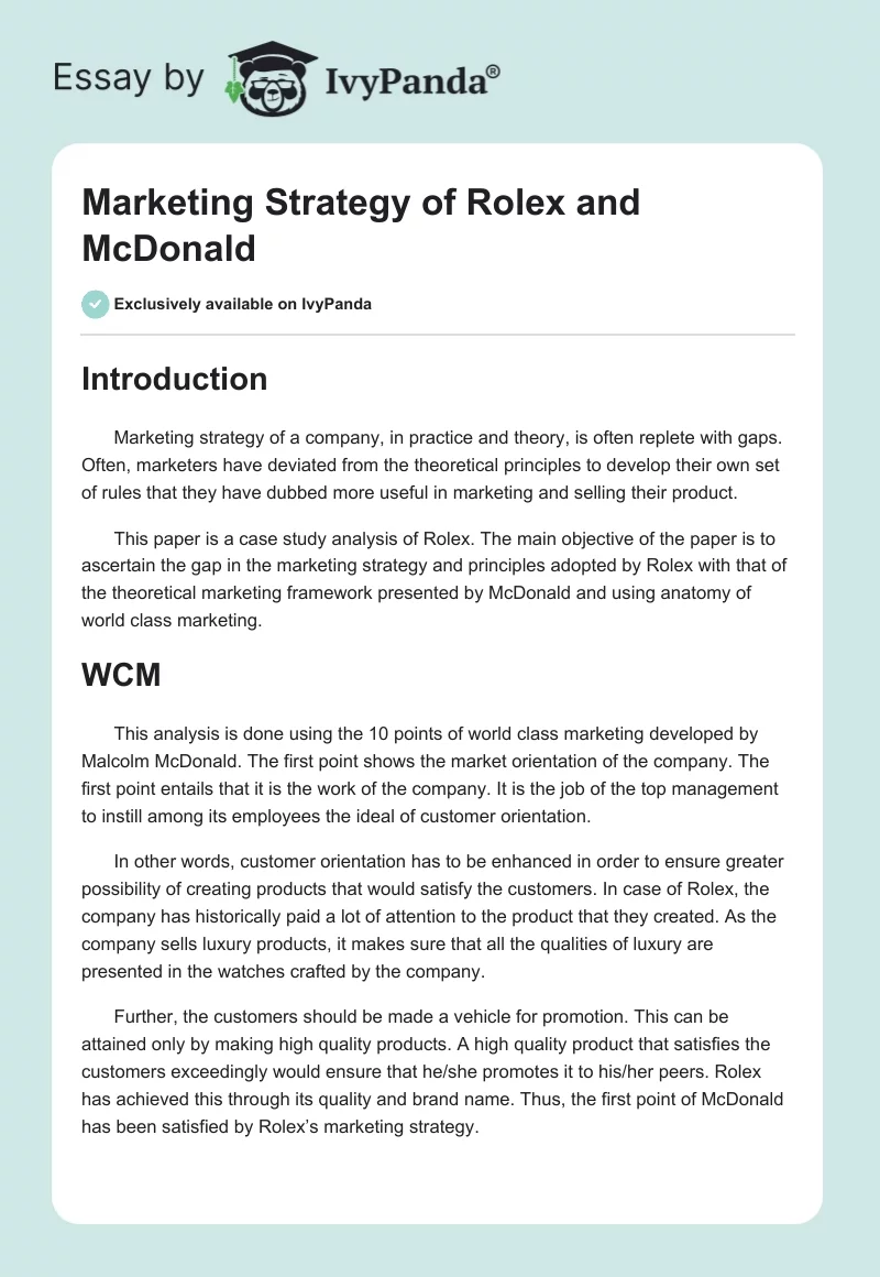 Marketing Strategy of Rolex and McDonald. Page 1