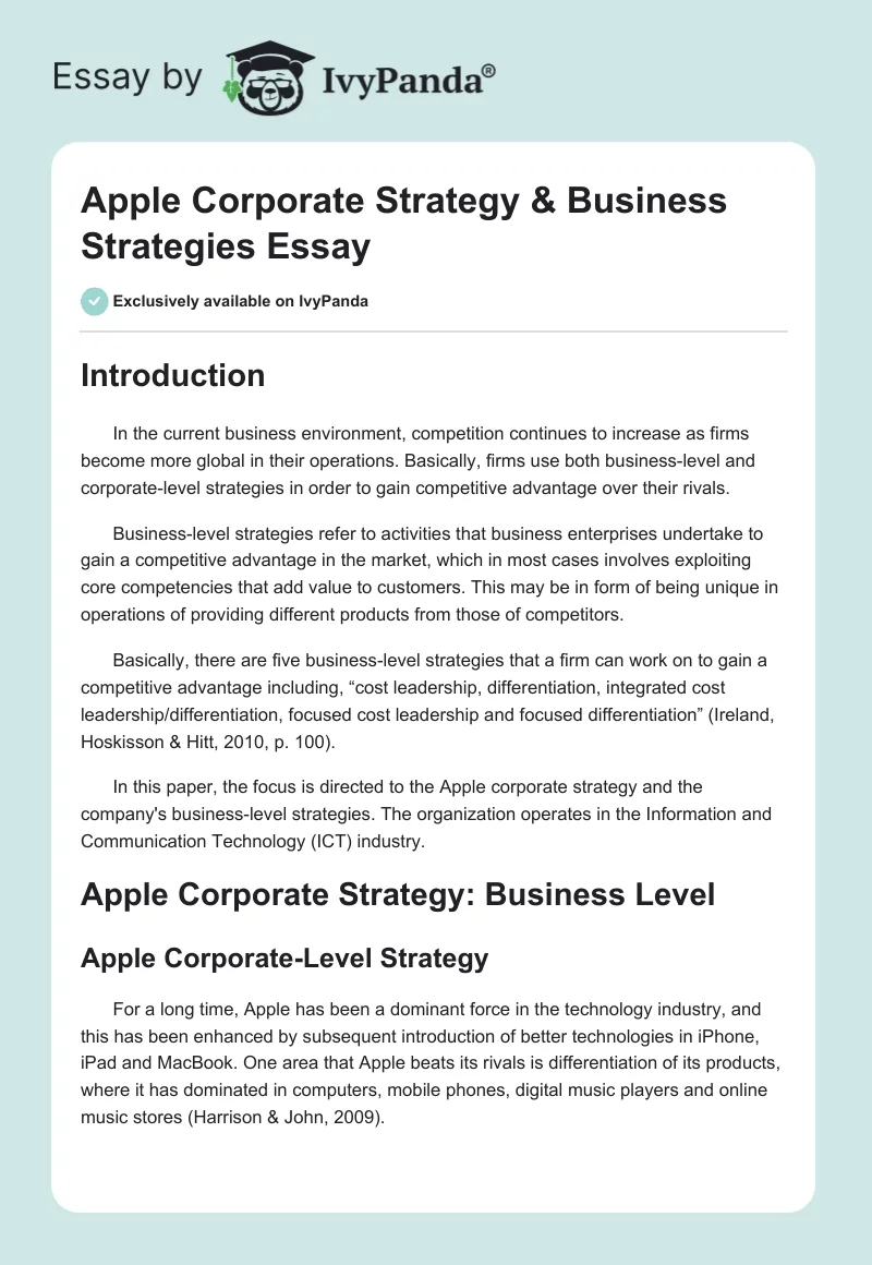 Apple Corporate Strategy & Business Strategies Essay. Page 1