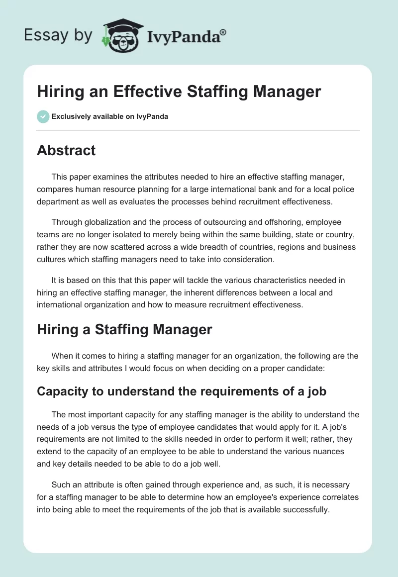 Hiring an Effective Staffing Manager. Page 1