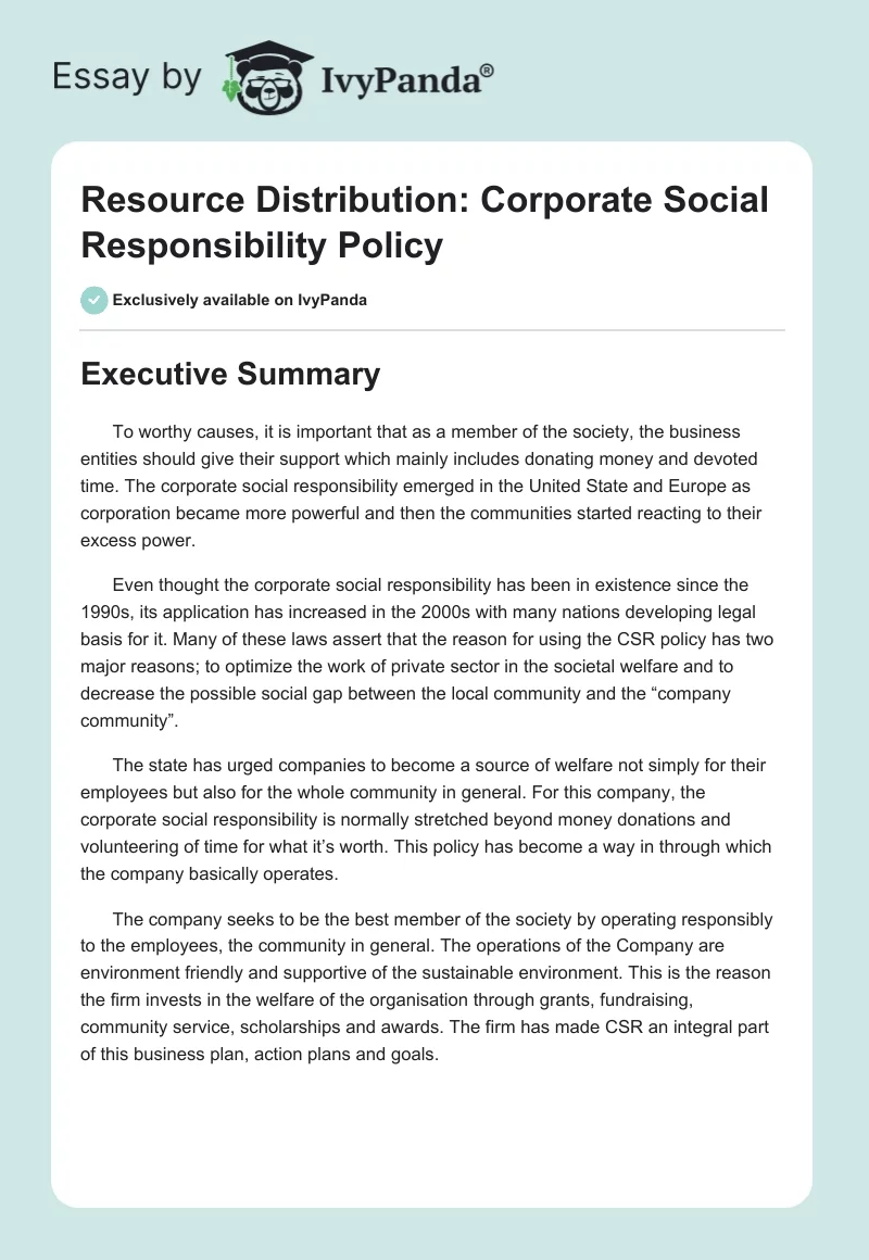 Resource Distribution: Corporate Social Responsibility Policy. Page 1