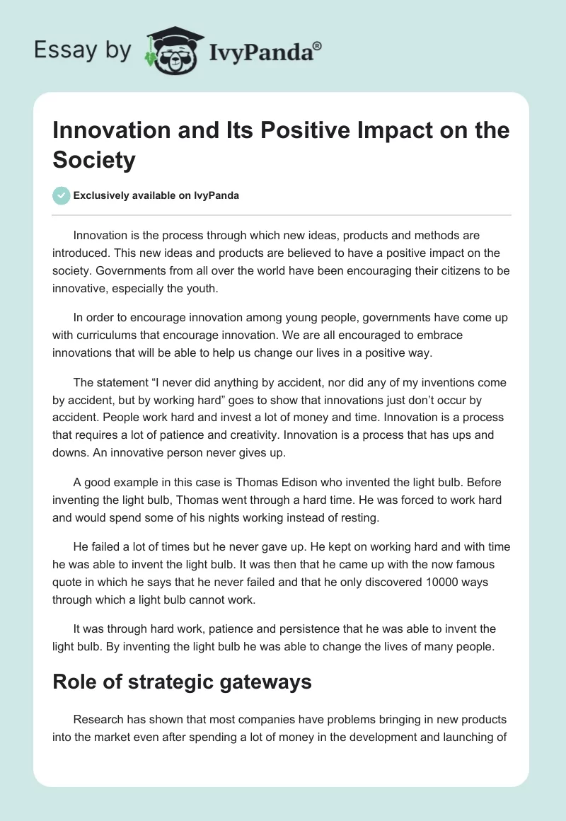 Innovation and Its Positive Impact on the Society. Page 1