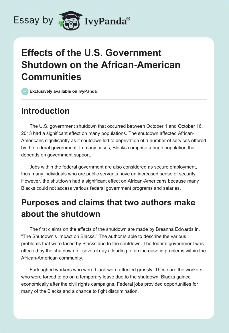 Effects of the U.S. Government Shutdown on the African-American Communities. Page 1