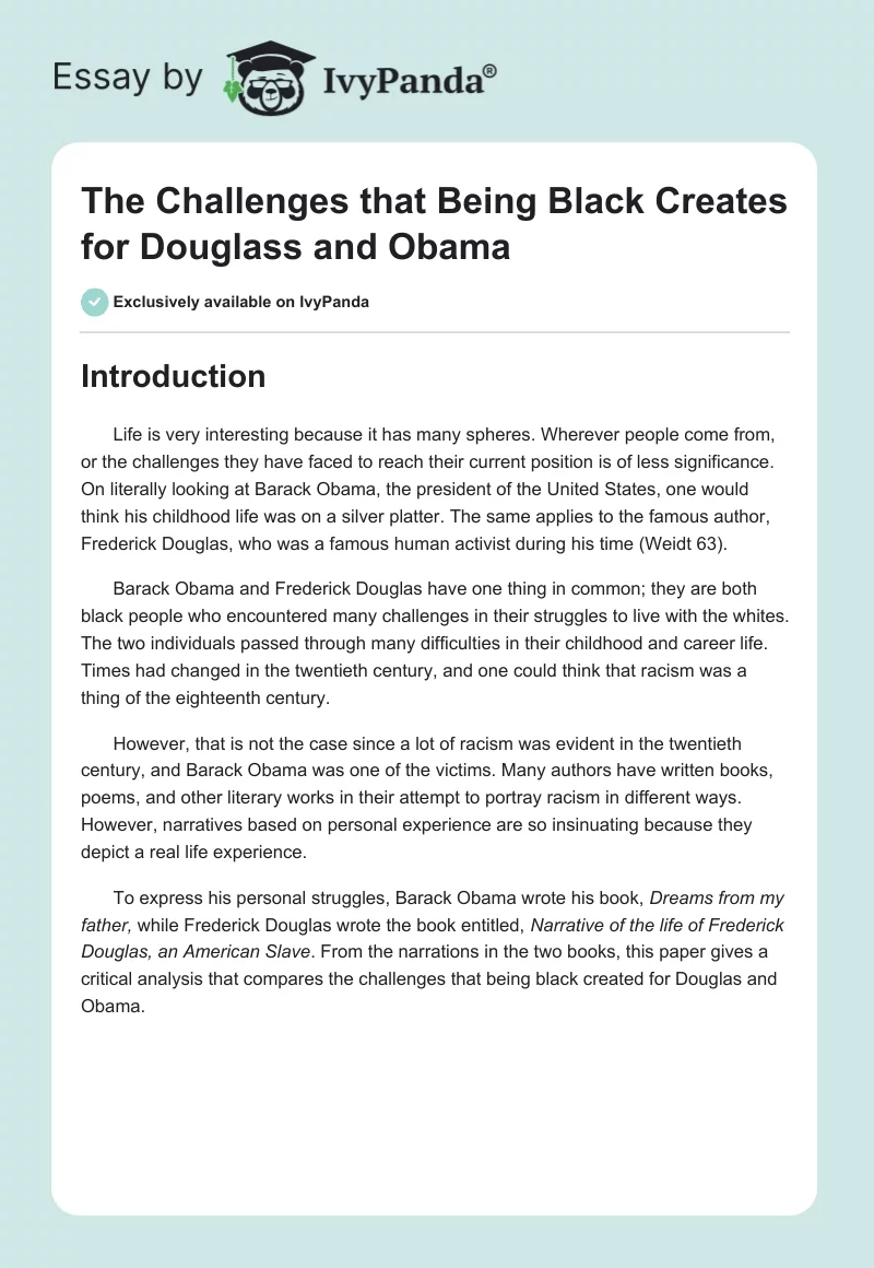 The Challenges That Being Black Creates for Douglass and Obama. Page 1