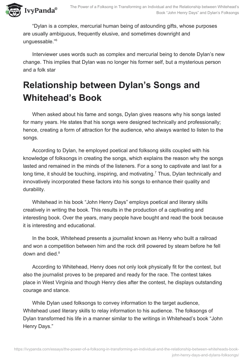 The Power of a Folksong in Transforming an Individual and the Relationship between Whitehead’s Book “John Henry Days” and Dylan’s Folksongs. Page 3