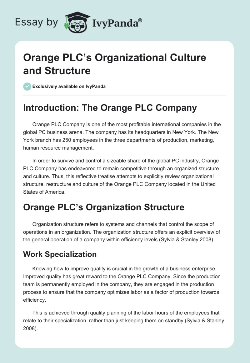 Orange PLC’s Organizational Culture and Structure. Page 1