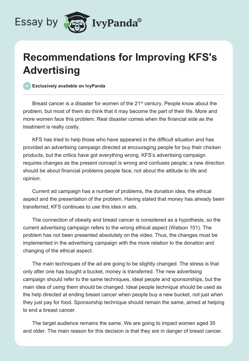 Recommendations for Improving KFS's Advertising. Page 1
