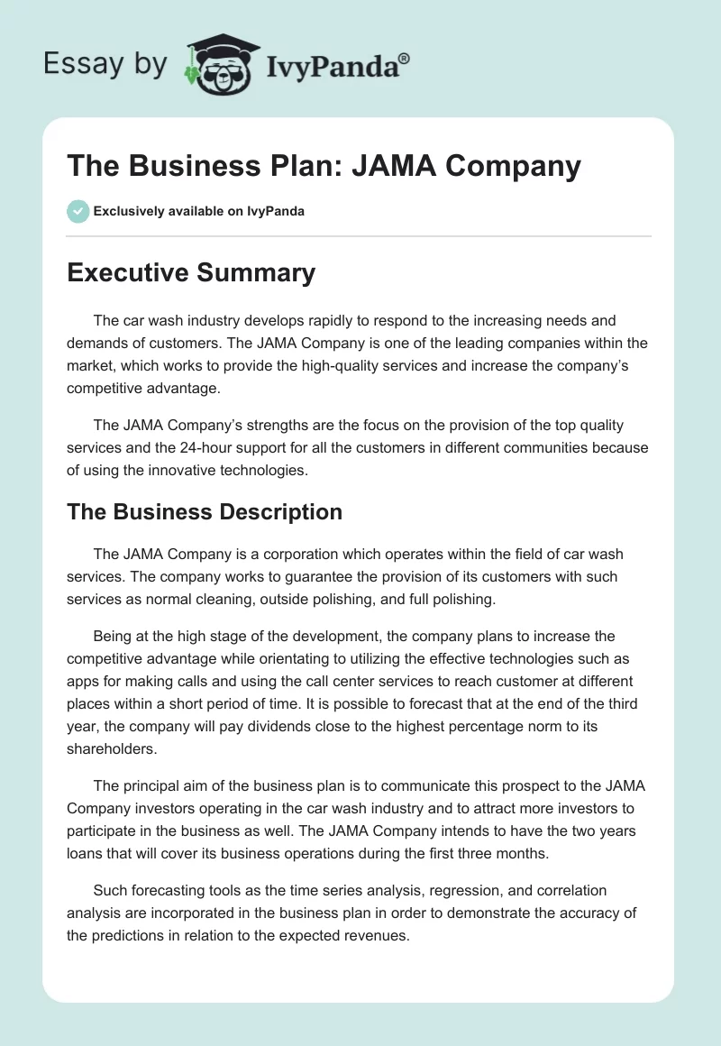 The Business Plan: JAMA Company. Page 1