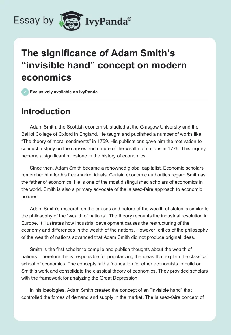 The significance of Adam Smith’s “invisible hand” concept on modern economics. Page 1