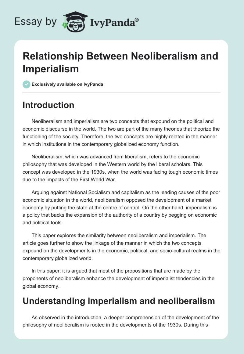 Relationship Between Neoliberalism and Imperialism. Page 1