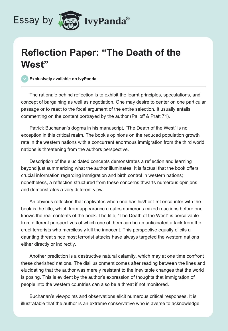 Reflection Paper: “The Death of the West”. Page 1